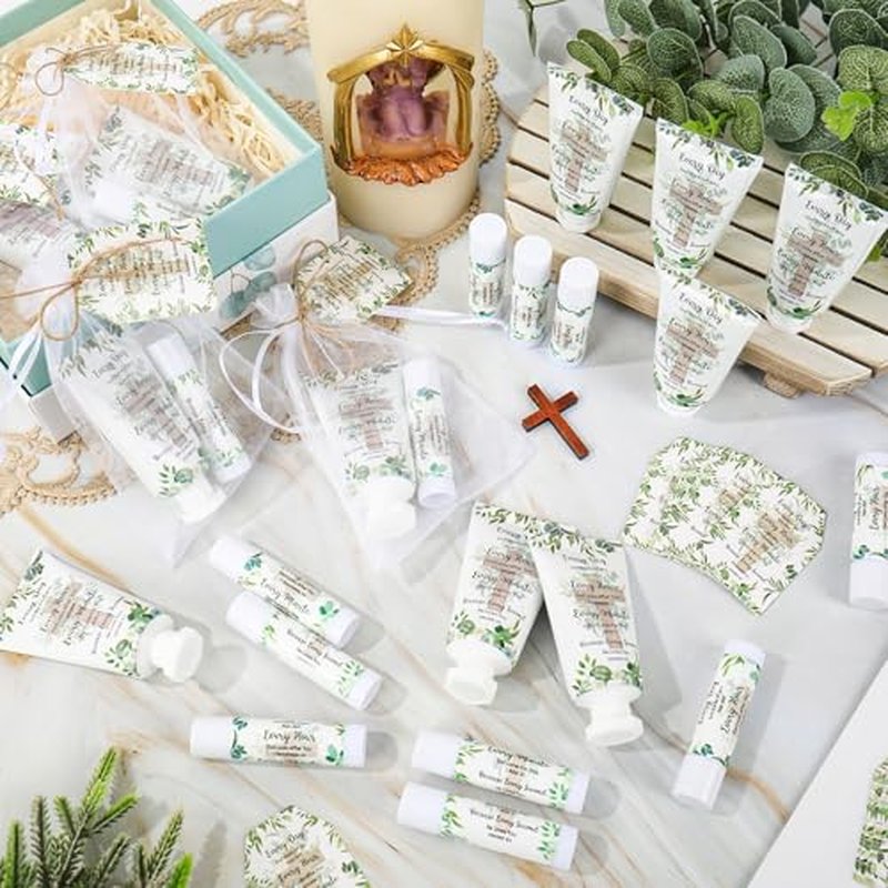 24 Sets Christian Hand Cream and Lip Balm Gift Set Bible Verse Cross Travel Size Hand Lotion Lip Balm Bulk with Organza Bags Tags for Women Wedding Bridal Baby Shower Christmas Holiday