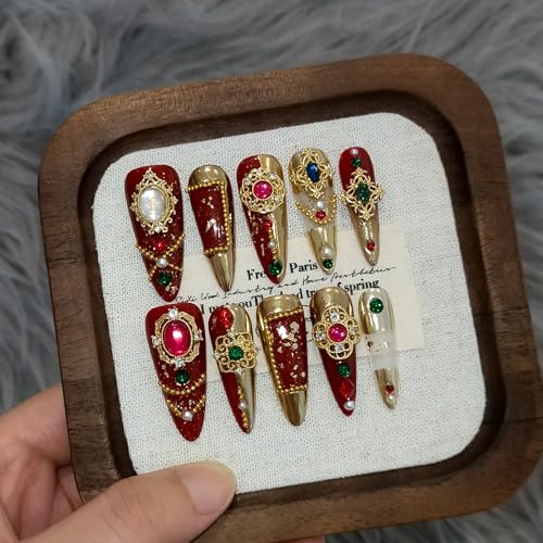 Imperial Bridal Press On Nails Long Stiletto,Phoenix Vermeil Ruby Filigree Designs Glue on Nails,Heirloom Cameo False Nails 10Pcs with Tools Kit,Reusable Wedding Fake Nails for Bride Matron(L)
