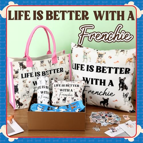 Patelai 56 Pcs Valentine Frenchie Gifts for Women Frenchie Dog Lover Gifts 20oz Stainless Tumbler Tote Bag Cosmetic Bag Sock Pillow Cover Keychain 50 Sticker for Dog Mom Birthday Party Favor