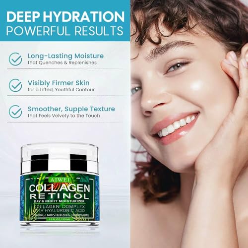 AIWEI Face Moisturizer Collagen Cream - Moisturizing, Hydrating & Recovery - Day Night Face Cream with Retinol and Hyaluronic Acid for Men & Women - 1.7 oz