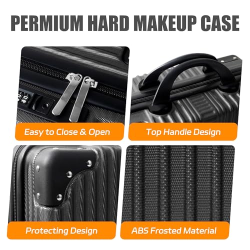 14 Inch Portable Makeup Travel Case Hand Luggage, Pressure-proof Carrying Makeup Case Suitcase with Elastic Band, Small Hard Case Toiletry Bag for Travel Camping Women Girl-Black