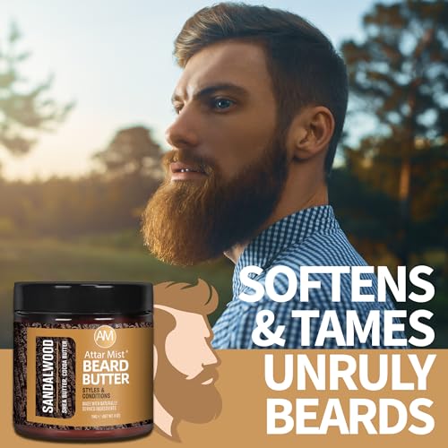 AM Beard Butter Beard Care - Sandalwood Long Lasting Styling and Hydration For a Working Man - Softens and Reduces Itch - Naturally Derived Shea Butter, Cocoa Butter, Coconut Beard Oil for men - 4oz