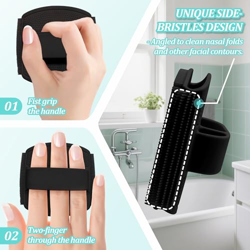Silicone Back & Face Scrubber & Bath Glove Set 3PCS, 13.4'' Gentle Back Scrubber with Dual-Side Head, 360¡Æ Anti-Slip Bath Glove, Unique Side-bristled Face Scrubber for All-round Cleaning(Black)