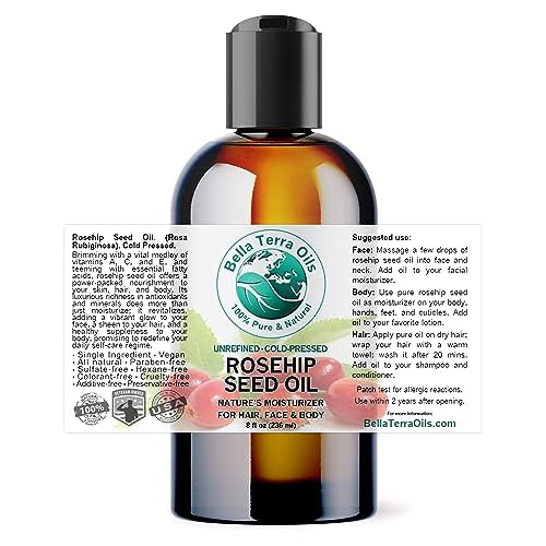 Bella Terra Oils - Organic Rosehip Facial Oil 8 oz - Dive into Organic Rosehip's Essential Fatty Acids & Antioxidants, Infused with Vitamin F, Elevate Daily Face Rituals
