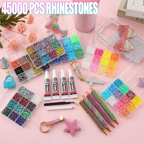 45000pcs Bedazzling Kit with 6 Box - 72 Colors Resin Jelly Rhinestones, 4¡¿10ml B7000 Jewelry Glue Multicolor 3mm Flatback Sparkling Gems for Nail Art, Crafts, Clothing, Diamond Painting