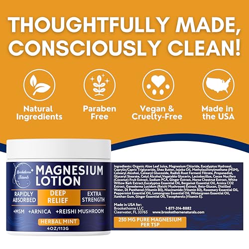 Magnesium Lotion for Muscle Recovery, Soreness & Daily Support | Topical Magnesium Cream with Arnica, MSM & Reishi Mushroom | Deep Relief Cream for Legs, Joints & Body | 4oz by Brookethorne Naturals