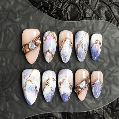Cosmic Veins 10pcs Press On Nails Long, Blue Purple Marble Glossy Fake Nails with Gem & Golden Veins, Artistic Acrylic/UV Gel Luxury Press-On Nails Set for Women (Multicolor, S)