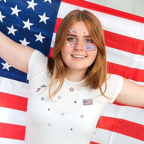 American Flag Stars Glitter Face Tattoo Jewelry, Independence Day Celebration Face Gems with Red Blue Flag Designs, Sparkle Glitter in Parades, Parties & More 2PCS (Style 3)