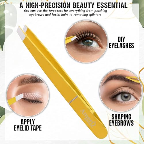 Professional Stainless Steel Eyebrow Tweezers for Women & Men ? Precision Slant Tip Hair Removal Tool for Eyebrows, Facial Hair & Ingrown Hairs ? Durable, Non-Slip Grip (Yellow)