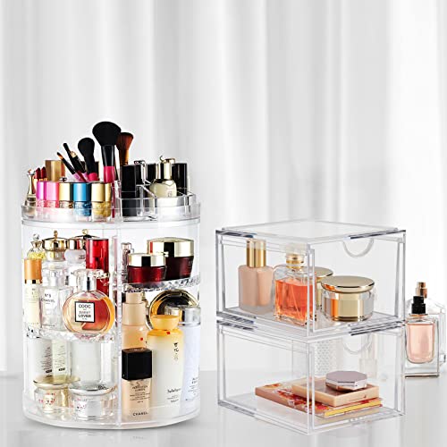 2 Pack Makeup Organizers, 360 Degree Rotating Plus Stackable Organizer Drawers, Large Capacity Clear Cosmetic Storage for Skin Care, Makeup Brushes, Hair Accessories, Lipsticks, Bathroom, Countertop