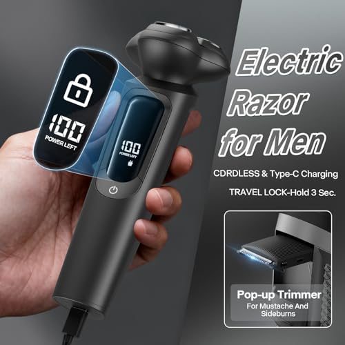 Electric Razor for Men, IPX8 Waterproof with Type-C Quick Charge, 3D Flex Blades & Pop-Up Trimmer, 60min Runtime, Travel Lock, Wet & Dry Shave, Light Gray