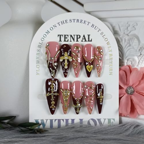 Handmade Press on Nails Long Stiletto - Wine Red French with 3D Cross & Wave Charms | Reusable & Enamel Glossy False Nails | Gothic Classical Style(L)