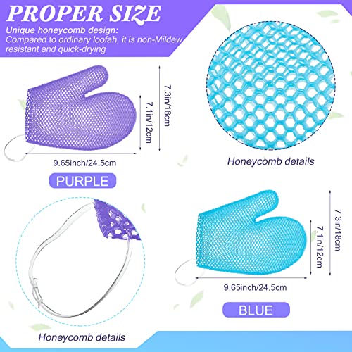 Karenhi 2 Pcs Honeycomb Exfoliating Glove Bath Mitt Body Spa Scrubber, Honeycomb Exfoliator Glove for Body Shower, Scrubber Sponge Shower Loofah, Quick Drying(Blue,purple)