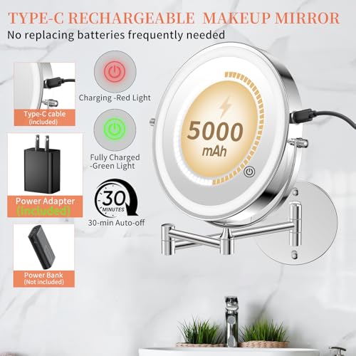FUNTOUCH 30X/1X Wall Mounted Lighted Makeup Mirror, 5000mAh Rechargeable 9" Double Sided Magnifying Bathroom Mirror, 3 Color Modes Touch Dimmable Extended Arm 360 Rotation with Adapter,Chrome