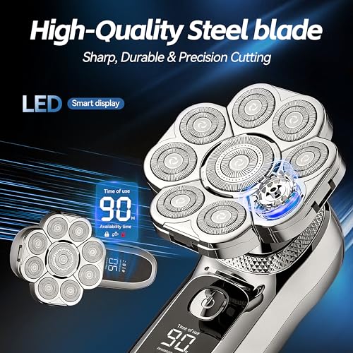 9D Head Shavers for Bald Men, Upgraded 6-in-1 Electric Razor Grooming Kit with LED Display, Waterproof Wet & Dry, USB-C Fast Charging, Cordless Rotary Head Shaver for Home&Travel (Gunmetal, 9D)