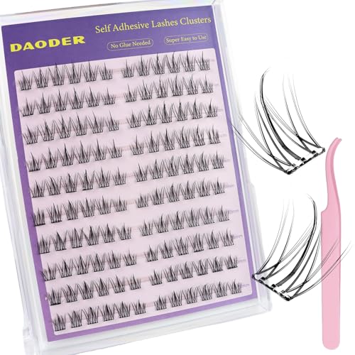 DAODER Self Adhesive Eyelashes No Glue Need, Wispy Self Adhesive Lash Clusters Natural Look, 10-12MM Short Pre Glued Eyelash Clusters C Curl Reusable Stick On Eyelashes(Sunflower 10-12MM)