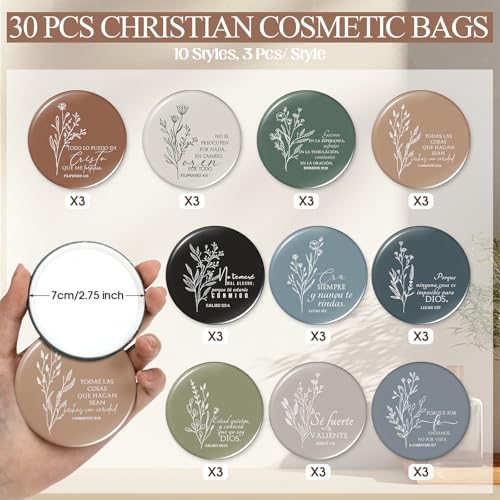 Kacctyen Spanish Christian Easter Gifts for Women Bulk Bible Verse Makeup Bags Religious Gift Regalos Cristianos Para Mujer Canvas Pouch Compact Mirrors Mother's Day Church Gift(Boho Color,30 Sets)