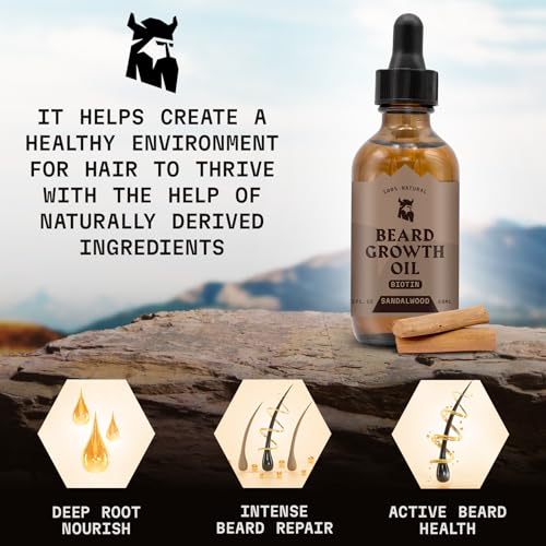 Striking Viking Beard Growth Oil for Men - 2 Fl Oz, Sandalwood - Thickening & Conditioning Beard Oil with Biotin - Facial Hair Serum with Argan & Jojoba for Hydration