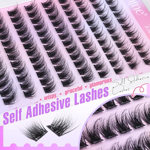 Zegaine Self Adhesive Eyelashes Natural Self Adhesive Lash Clusters Wispy Pre Glued Eyelash Clusters Clear Band C-Curly Pesta?as Postizas Naturales Wispy Glueless Lashes No Glue Needed 10-14MM