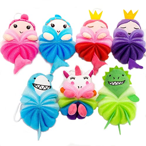 MURRI&MURRDI 4 Pack Kids Bath Sponges - Cute Animal Shower Pouf Set, Gentle Exfoliating Body Scrubber for Toddlers, Cartoon Mesh Loofah Gift for Boys & Girls