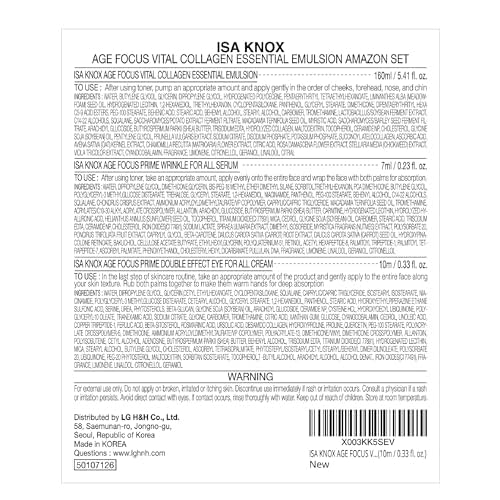 ISA KNOX AGE FOCUS VITAL COLLAGEN Emulsion, PRIME Wrinkle For All Serum & PRIME Eye For All Cream (177 ml/5.99 fl oz) - Korean Skin Care by LG Beauty. Vitamins C, B12 & E.