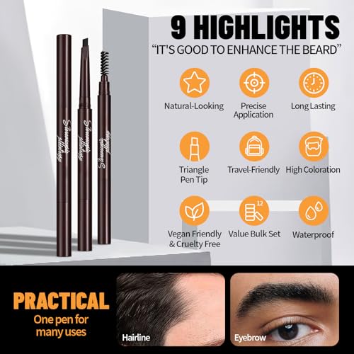Noerrors 12Pcs Beard Pencil Filler for Men, Mustache Beard Pen Set, Hair Enhancement Pencil Kit for Men Hairline, Barber Lineup Styling Waterproof Long Lasting #Black