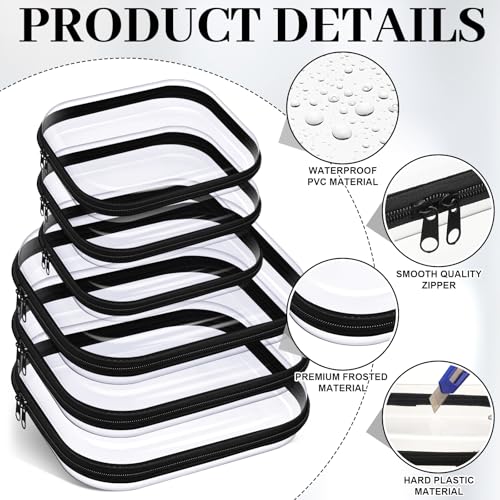Hoolerry 6 Pcs Hard Clear Zipper Case Transparent Zipper Hard Pouch for Snacks Makeup Bag Plastic Cosmetic Bag Portable Travel Organizer for Makeup Storage(Black,Big,Medium)