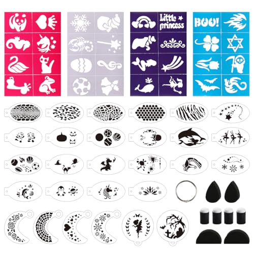 Depvision 32+28 Reusable face Paint Stencils with sponges, face Paint Stencil Stickers,6 face Paint sponges for Body Face Painting, Halloween,Party