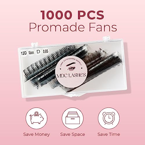 Promade Eyelash Fans 1000 Fans 5D-20D Premade Volume Lash Extensions C/CC/D Curl 10-18mm Length 0.05/0.07 Thickness Ultra Speed Promade Premade Pre Pro Made False Eyelashes Pestanas