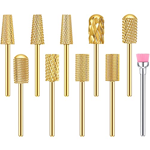 Honoson 10 Pcs Nail Drill Bits Set, 3/32 Inch Cuticle Tungsten Carbide Bit for Nail Drill Nails, File Remove Acrylic Gel Polish Manicure Pedicure Tool for Salon Home Supplies(Gold)