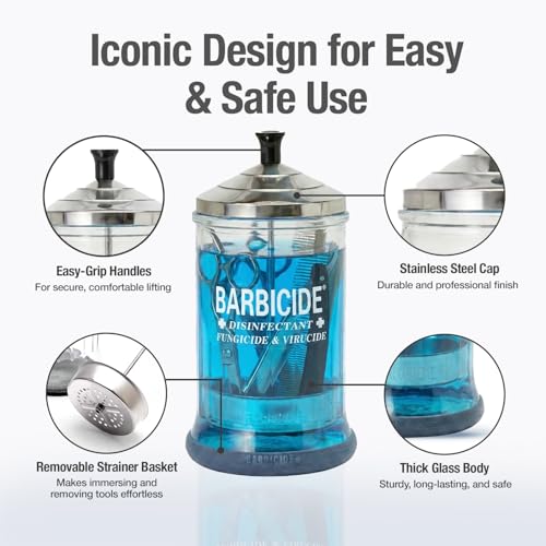BARBICIDE Disinfectant Jar ? Durable Glass Immersion Container with Stainless Steel Lid and Tray ? Professional Tool Sanitizer for Combs, Brushes & Implements - (MidSize - 21 Fl Oz)