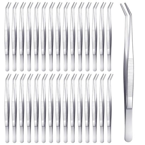 30 Pcs Stainless Steel Tweezers, Curved Serrated Tip Multipurpose Forceps, Crafting Sewing Machine Tweezers Bulk, Silver