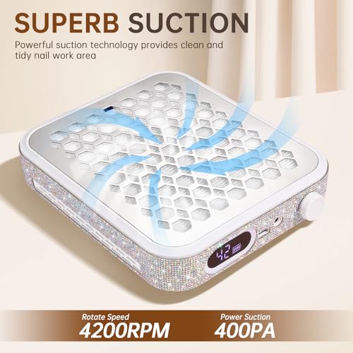 Nail Dust Collector, Rechargeable Dust Collector Nail Tech, Powerful Vacuum Fan Vent Dust Collector Extractor Dust Suction Machine for Acrylic Nails Polishing, Nail Salon&Home, White