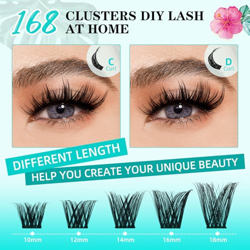 Lash Clusters Wet Look 168Pcs Eyelash Cluster Ultra-Thin Lash Band Eyelashes Extensions Spiky Anime Wide Span Lashes(Tulip,D-Mix10-18mm)