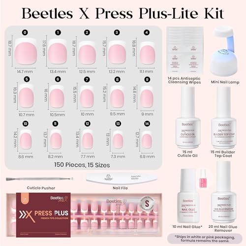 Beetles X Press Plus Gel Nails Kit - Glow French | Pink Short Square French Tip Press On Nails | 150Pcs 15 Sizes All-in-One Kit With Nail Glue,Remover,Builder Top Coat,Nail Lamp Gift For Women