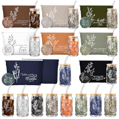 Fumete 8 Sets Christian Gift for Women Easter Mother's Day Sunday School Teacher Makeup Bag Flower Bible Verse Coffee Cup with Bamboo Lid Straw Religious Church Mini Compact Mirror (Bible-c)