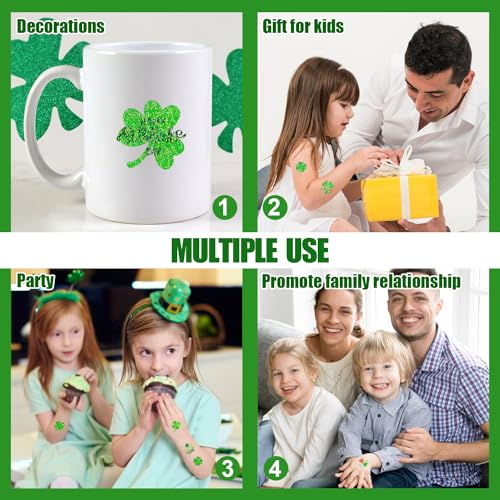 Partywind 204 PCS Glitter Shamrock Tattoos for St Patrick's Day, Individually Wrapped Cut Tattoo Stickers for Saint Patrick's Day Decorations Party Supplies, Irish Clover Accessories for Kids Adults