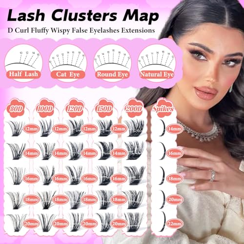 Lash Clusters Kit with Spikes, 80D+100D Eyelash Clusters Extensions Individual D Curl Fluffy Wispy False Eyelashes DlY Manga Lashes Extension Kit (12-22mm, Lash Clusters Kit)