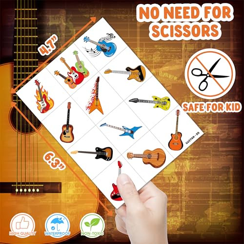 96 PCS Love Guitar Music Pre-Cut Temporary Tattoos for Kids Theme Birthday Party Decorations Supplies Favors Decor, Cute Rock Guitars Musical Instrument Stickers Tattoo Gifts for Boys Girls Prizes