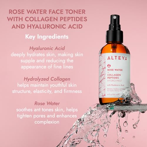 Alteya Organics Rose Water Face Toner ? With Collagen Peptides & Hyaluronic Acid ? Hydrating Facial Mist for Anti-Aging, Firming & Radiant Skin ? 4 Fl Oz / 120mL