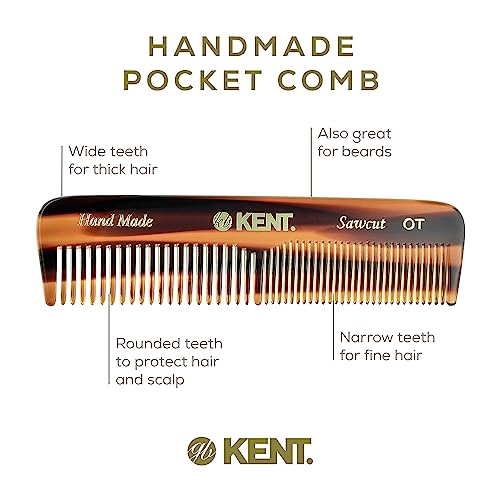 Kent OT Pocket Comb Set - 4.4" Fine Tooth and Wide Tooth Handmade Hair Combs for Men, Women, and Kids - Travel, Beard, and Mustache Grooming Combs, Saw Cut and Hand Polished