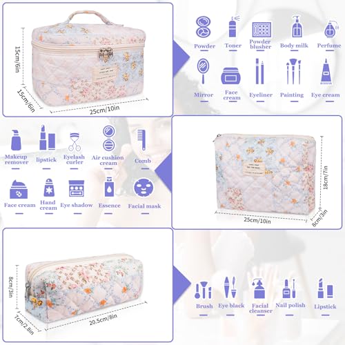 Makeup Bag Set, Quilted Makeup Bag, Large Floral Cosmetic Bag for Women, Cute Cotton Makeup Bags, Flower Travel Toiletry Organizer Bag (Folk Style)