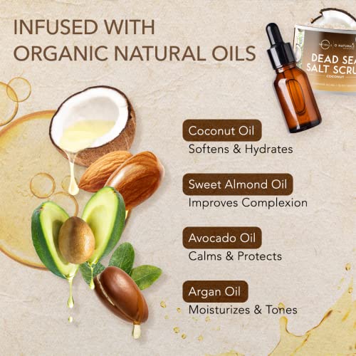 O Naturals Exfoliating Scrub, Natural Dead Sea Salt Deep-Cleansing Face & Body Scrubs. Anti-Cellulite Tones Helps Oily Skin, Acne, Ingrown Hairs & Dead Skin Remover - Coconut Oil 18oz
