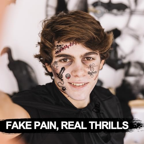 No Ragrets & Barbed Wire Halloween Temporary Tattoos 4 Sheets - Realistic Tattoo Stickers Arm Bands, Spine & Neck Costume for Scary Funny Adult Women Men Parties