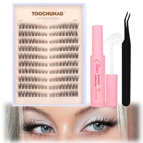 TOOCHUNAG Eyelash Clusters Lash Extension Kit Natural Cluster Eyelash Extensions Wispy Individual Lashes Clusters Kit with Clear Lash Glue and Eyelash Clusters Tweezers(180pcs)