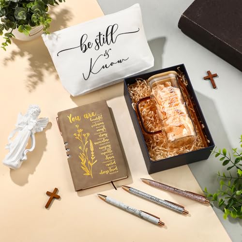 Skylety 6 Pcs Christian Gifts Set for Women Friend Sister Mom Prayer Journal with Pens Cup Bag Bible Study Supplies for Birthday Easter Mother's Day Church Office Gifts(Brown)