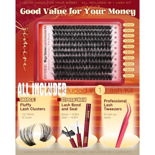 Fluffy Lash Clusters Kit Volume 200D Lash Extension Kit Cluster Eyelash Extension Kit 10-18MM Eyelash Clusters Kit with Lash Bond and Seal Tweezers D Curly Individual Lashes Kit by JIMIRE