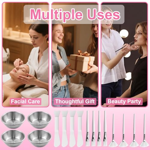 16 Pcs Esthetician Supplies 4 Large Stainless Steel Mixing Bowls 4 Facial Fan Brushes 4 Face Mask Applicator Brush 4 Facial Mask Scrapers (Silver)