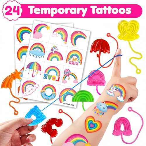 48PCS Rainbow Party Favors - 24PCS Temporary Tattoos & 24PCS Stick Hands - Perfect Birthday Party Supplies, Goodie Bag Stuffers, Treasure Box Toys, Classroom Prizes, and Student Gifts