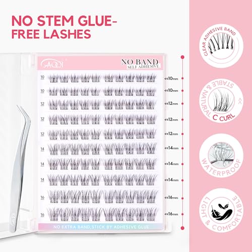 GAQQI Self Adhesive Eyelash Clusters, Natural Look No Glue Lashes 10-16mm, No Band Self Adhesive Lash Clusters 100pcs, Press On Lashes Invisible Band, With Lash Tweezer (LACE)